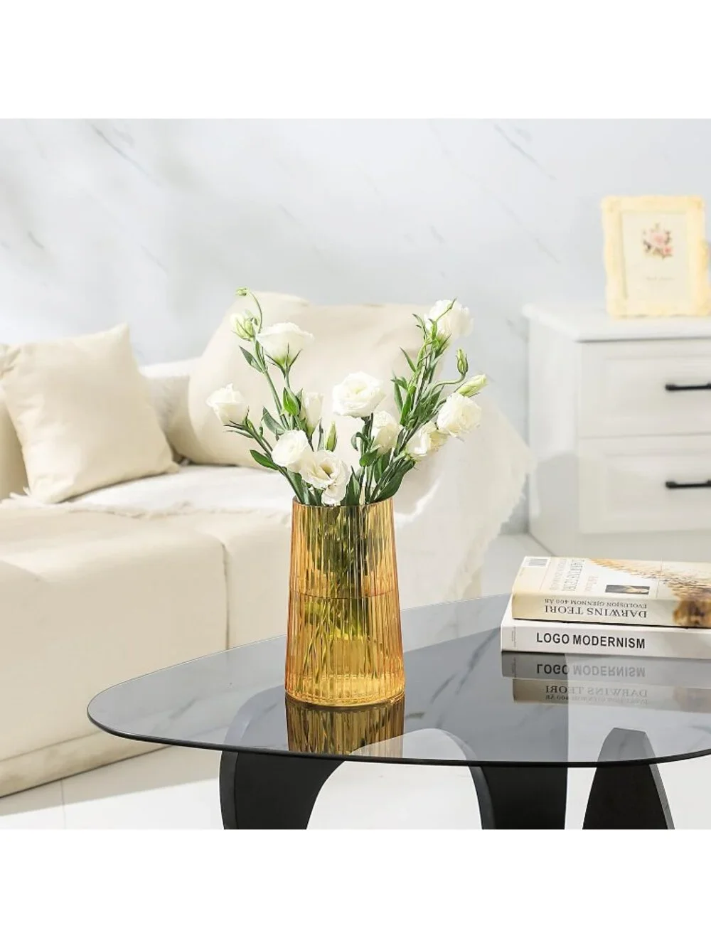 8 Inches Modern Yellow Glass Vase Flower Bouquet Living Room Bedroom Home Deco